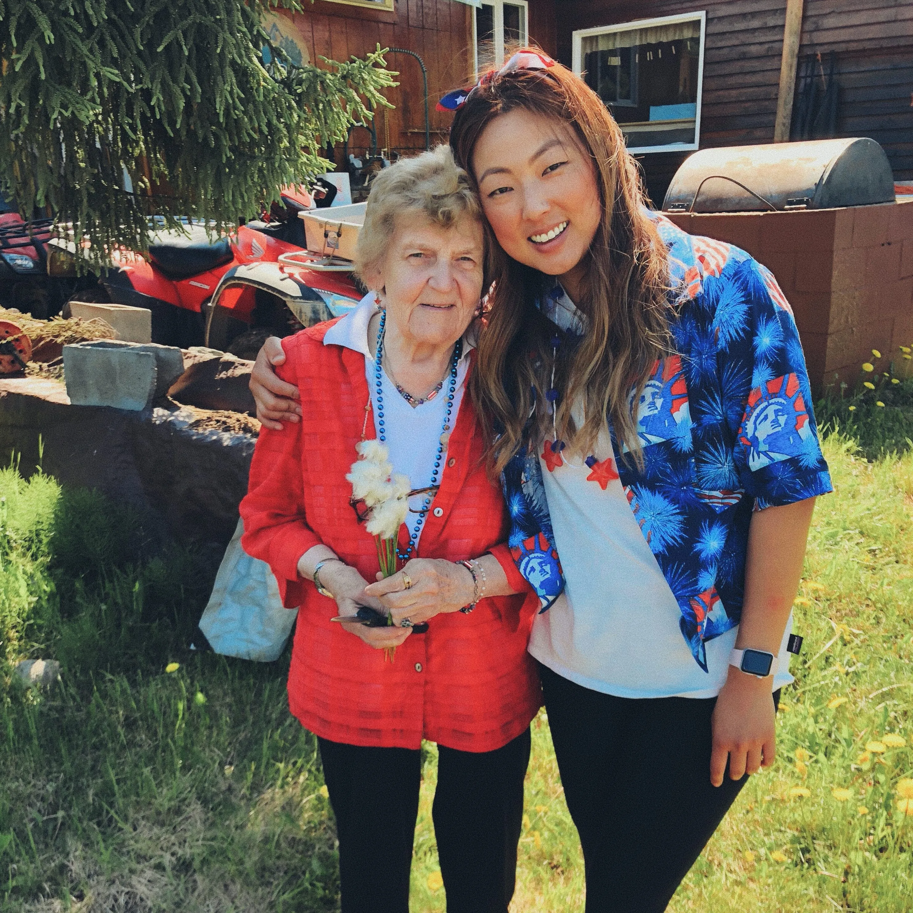 Grandma Knepper, the heart of the Fishcamp, with a guest at camp