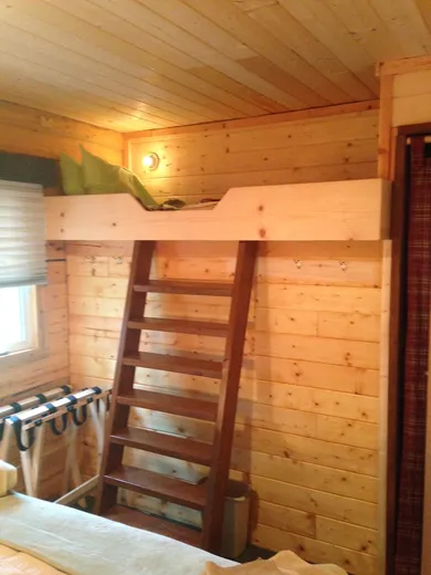Cabin interior with bunk ladder and rustic wood finish.