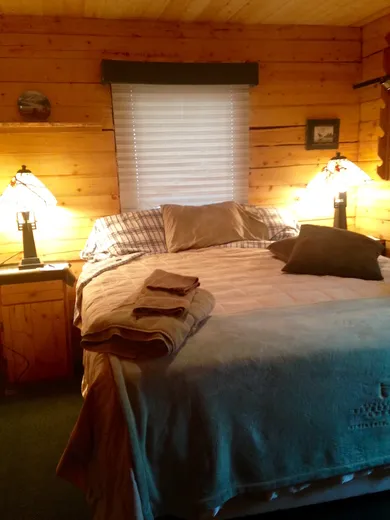 Guest room with double bed and warm cabin lighting.