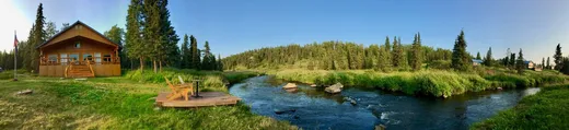 Cabin nestled in spruce trees along the riverbank.