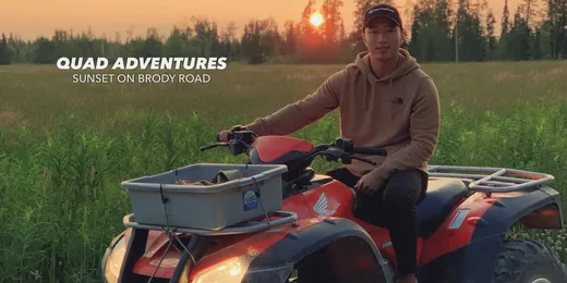 Guest on an ATV on a trail through boreal forest with 'Alaska Adventures' overlay