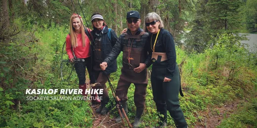 Group of anglers in waders posed on the Kasilof River bank