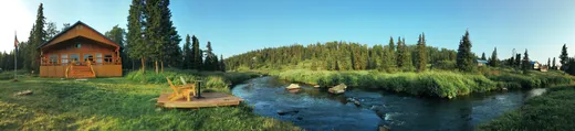 Aerial or distant view of the lodge property with cabins and trees.