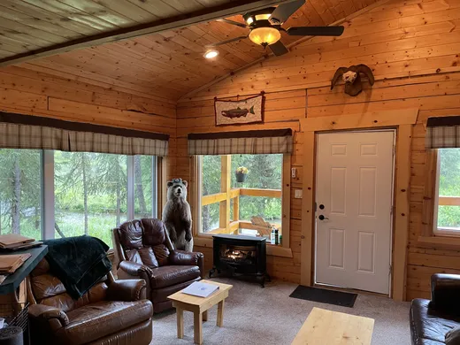 Cozy lodge living area with natural light