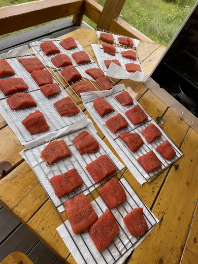 Salmon fillets arranged on trays for processing or drying.